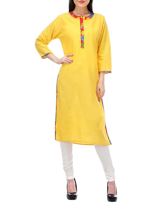 yellow cotton straight kurta - 12953591 - Very Small Image - 1