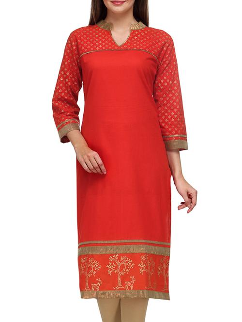 red cotton printed mandarin collar kurta - 1296386 - Very Small Image - 1