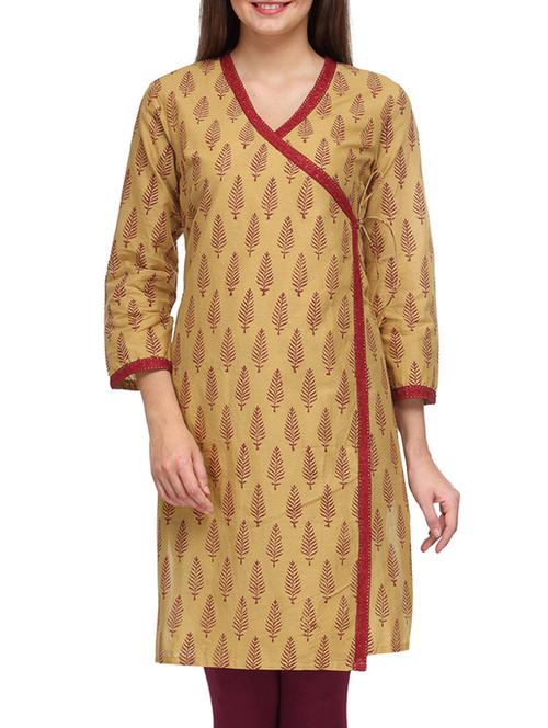 beige cotton hand work printed kurta - 1296399 - Very Small Image - 1
