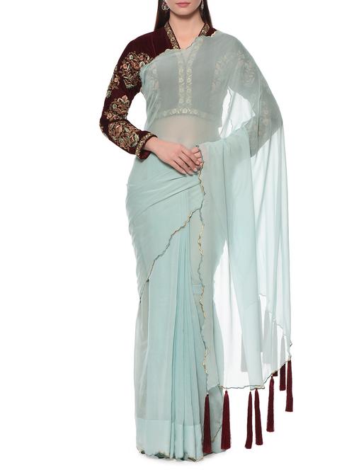 powder blue georgette saree and maroon blouse set with blouse - 12967116 - Very Small Image - 1