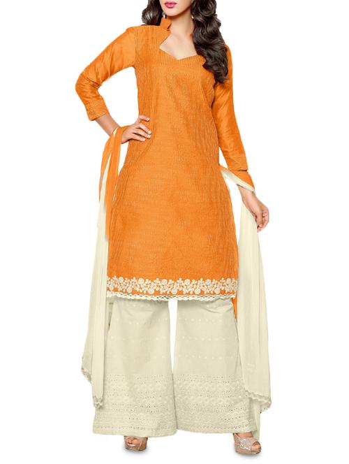 orange embroidered chanderi unstitched suit set - 1297056 - Very Small Image - 1
