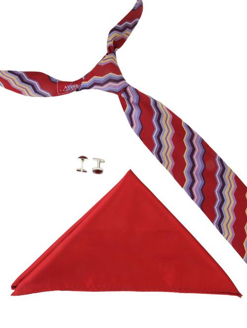 red fiber tie, pair of cufflinks and a pocket square - 12970712 - Very Small Image - 1