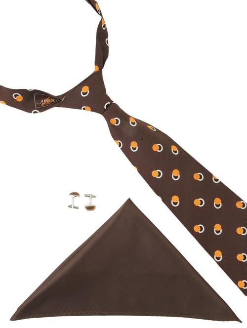 brown fiber tie, pair of cufflinks and a pocket square - 12970721 - Very Small Image - 1