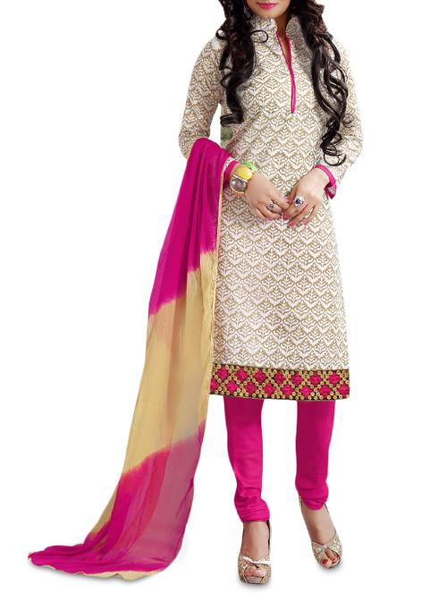beige embroidered chanderi printed unstitched suit set - 1297131 - Very Small Image - 1