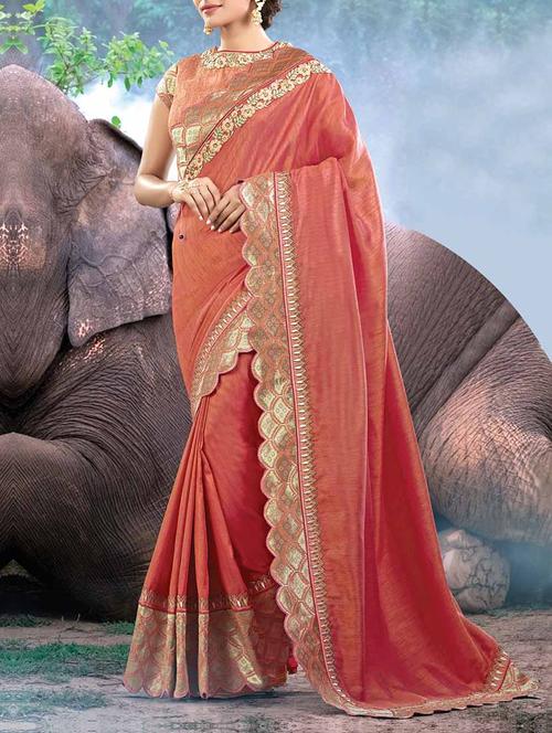 orange silk embroidered saree - 12977878 - Very Small Image - 1