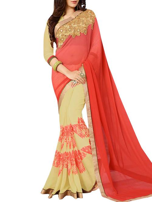 orange & yellow half & half saree - 12978798 - Very Small Image - 1