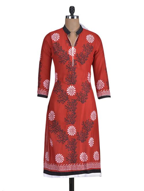 red rayon block printed kurta - 1297959 - Very Small Image - 1