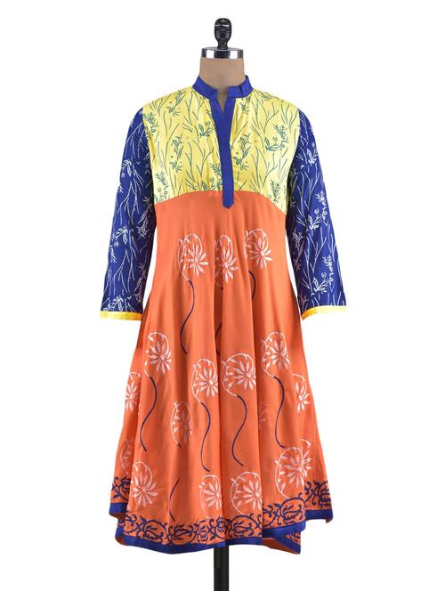 orange rayon block printed a- line kurta - 1297969 - Very Small Image - 1