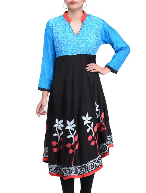 black blue color, rayon block printed a- line kurta - 1297979 - Very Small Image - 1