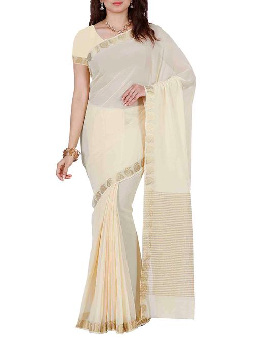 cream chiffon plain saree - 12985340 - Very Small Image - 1