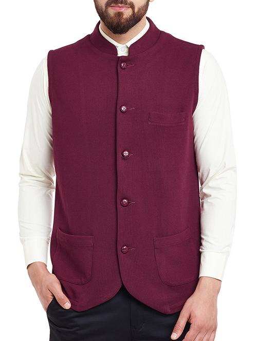 burgundy cotton nehru jacket - 12988060 - Very Small Image - 1