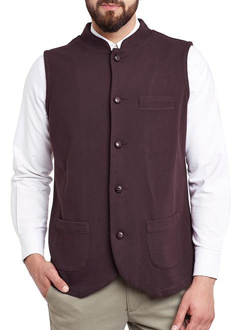 brown cotton nehru jacket - 12988063 - Very Small Image - 1