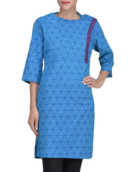 blue cotton printed kurta - 1299400 - Very Small Image - 1