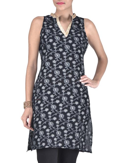 Black Cotton Blend Printed Kurta - 1299406 - Very Small Image - 1