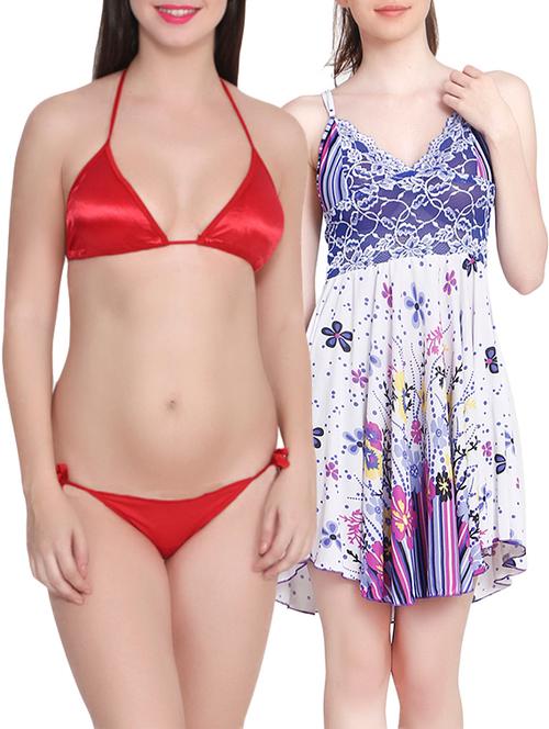 blue satin babydoll and red bikini combo - 12995915 - Very Small Image - 1