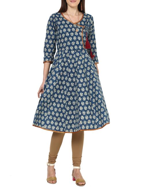 indigo printed cotton angrakha kurta - 13000396 - Very Small Image - 1