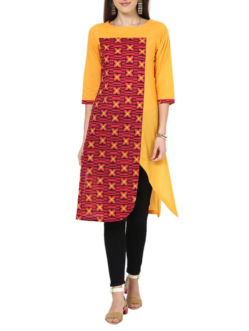 yellow cotton asymmetric kurta - 13000406 - Very Small Image - 1