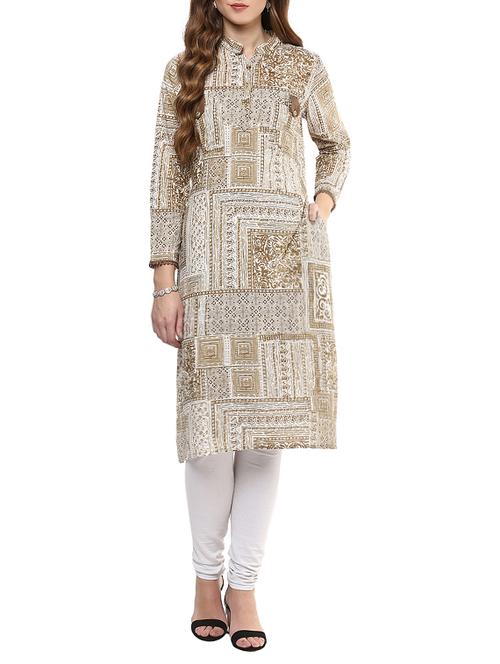 brown cotton block printed straight kurta - 13000419 - Very Small Image - 1