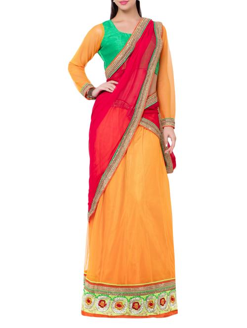 yellow satin flared lehenga - 13003234 - Very Small Image - 1