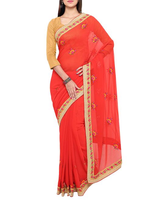 red chiffon embroidered saree with blouse - 13007699 - Very Small Image - 1