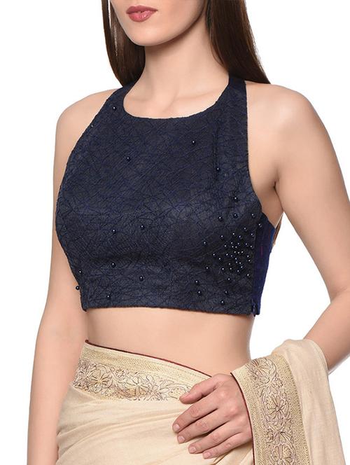 midnight blue embroidered net racer back blouse - 13008438 - Very Small Image - 1