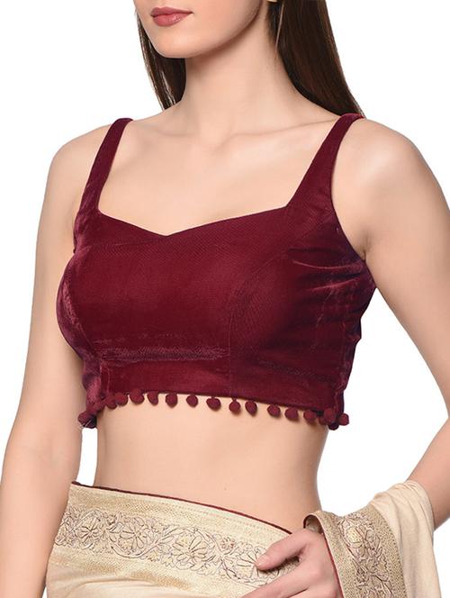 maroon velvet sweetheart neck blouse with pom pom edging - 13008482 - Very Small Image - 1