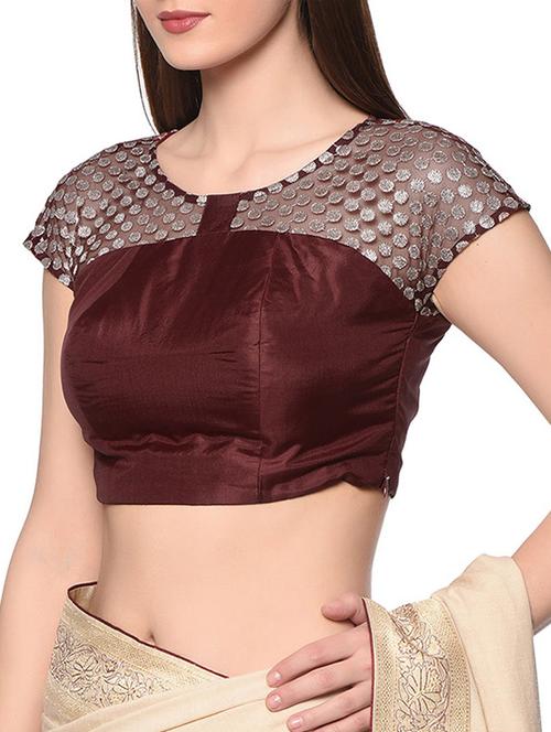 maroon polka net sheer yoke blouse - 13008483 - Very Small Image - 1