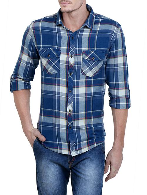 blue cotton checked casual shirt - 13008981 - Very Small Image - 1