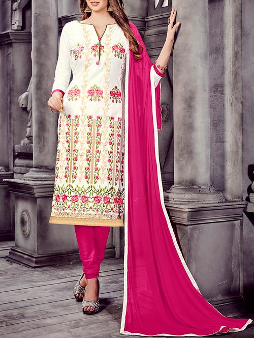 white cotton unstitched suit - 13009017 - Very Small Image - 1