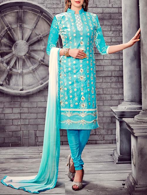 sky blue cotton unstitched suit - 13009022 - Very Small Image - 1