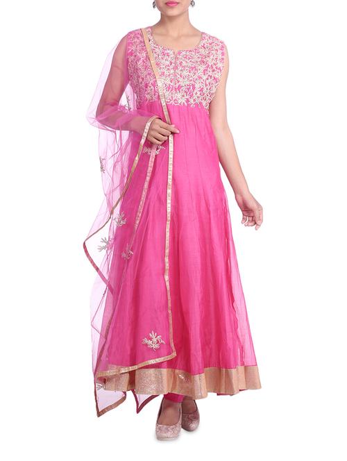 pink embroidered chanderi anarkali suit set - 1301000 - Very Small Image - 1