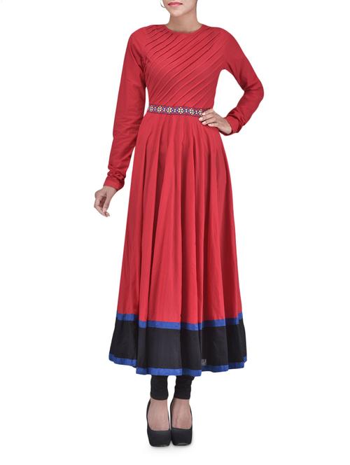 red cotton pintuck detailed anarkali kurta - 1301051 - Very Small Image - 1