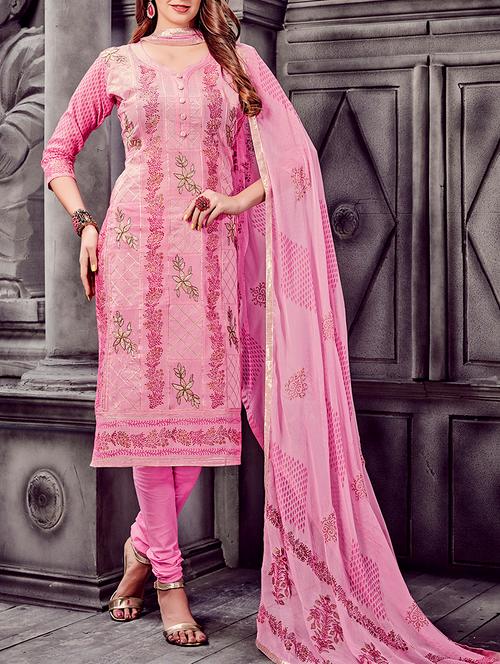 pink cotton embroidered dress material - 13014589 - Very Small Image - 1