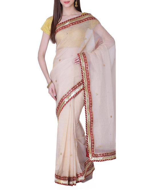 off white silk blend gota patti saree with blouse - 13014964 - Very Small Image - 1