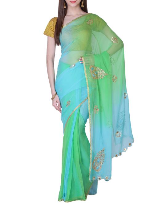 green chiffon gota patti saree with blouse - 13014965 - Very Small Image - 1