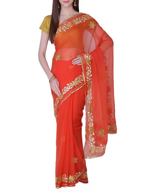 orange chiffon gota patti saree with blouse - 13014969 - Very Small Image - 1