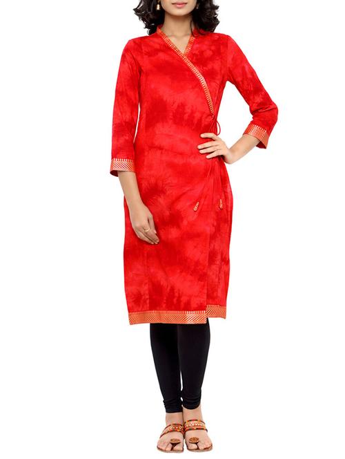 red cotton printed angrakha kurta - 13017532 - Very Small Image - 1