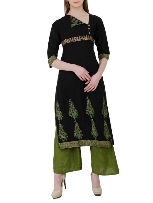 black cotton block printed long kurta - 13017916 - Very Small Image - 1