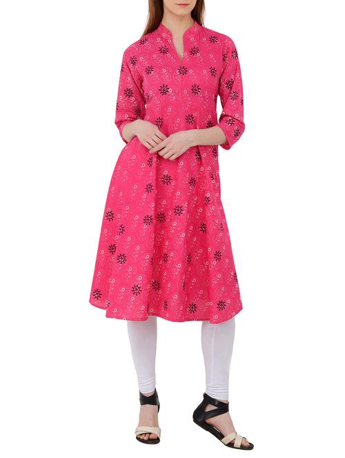 pink cotton printed flared kurta - 13017928 - Very Small Image - 1