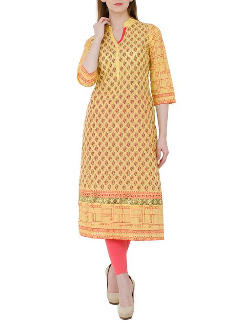 yellow cotton printed long kurta - 13017932 - Very Small Image - 1