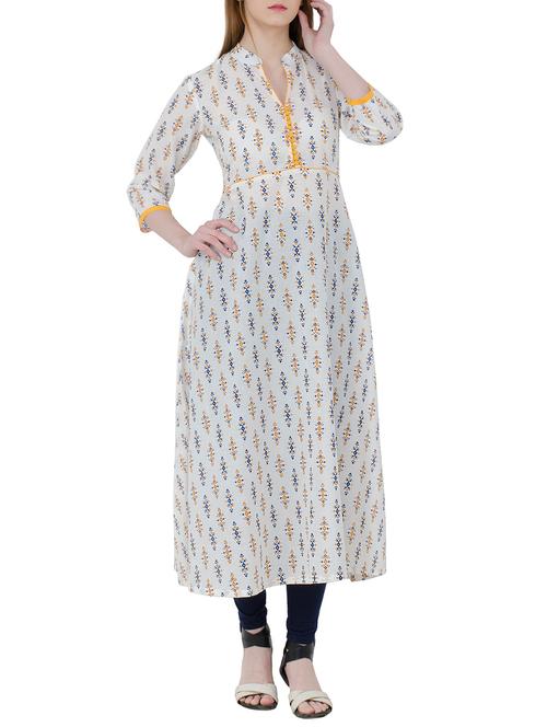off white cotton printed kurta - 13017938 - Very Small Image - 1
