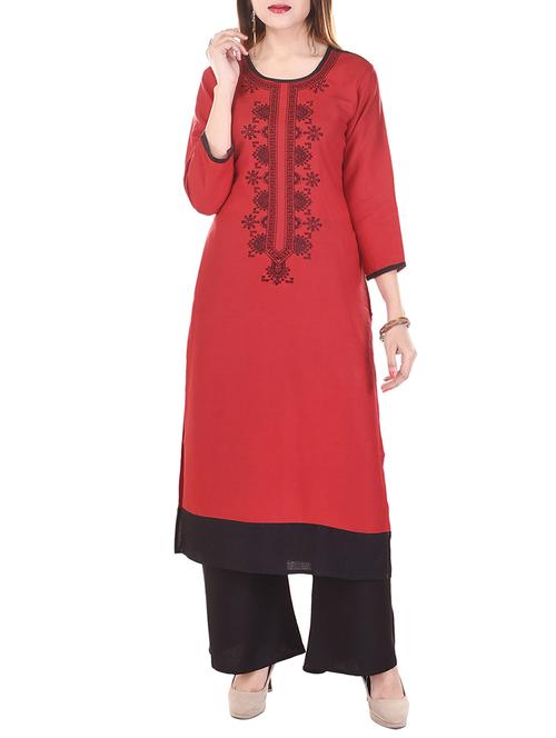red cotton embroidered straight kurta - 13022761 - Very Small Image - 1