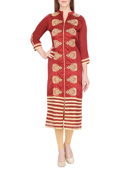 red silk embroidered long kurta - 13024896 - Very Small Image - 1