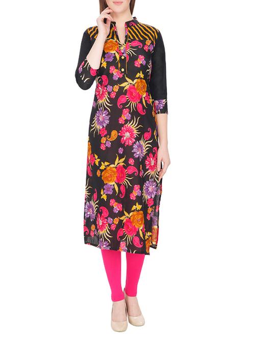 black cotton printed long kurta - 13024937 - Very Small Image - 1