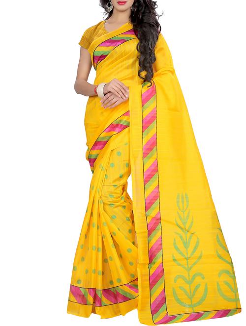 women's printed yellow colored saree with blouse - 13026138 - Very Small Image - 1