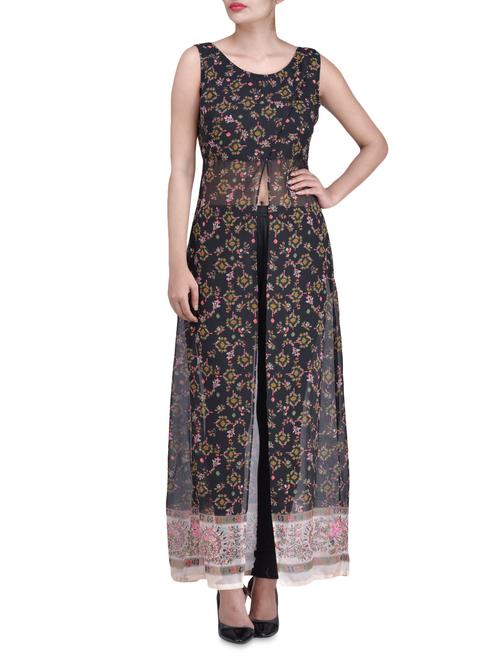 Black Georgette Printed Maxi Top - 1302720 - Very Small Image - 1