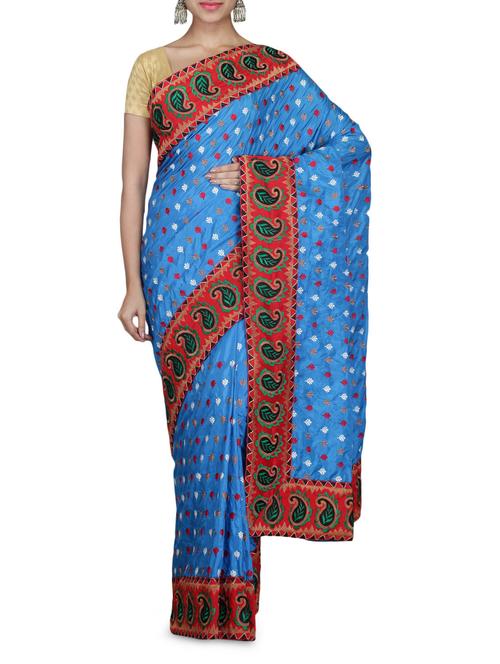 blue printed silk sari with paisley border - 1303151 - Very Small Image - 1