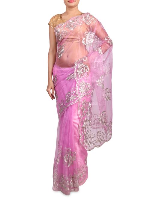 pink embroidered net saree - 1303337 - Very Small Image - 1
