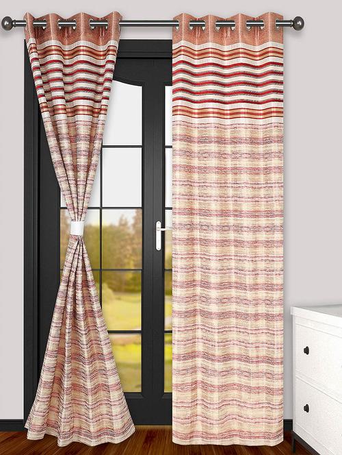 mista set of 2 red & beige striped jacquard weaved polyester eyelet curtains - 13037010 - Very Small Image - 1
