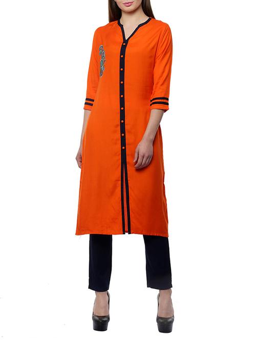 orange rayon straight kurta - 13046313 - Very Small Image - 1